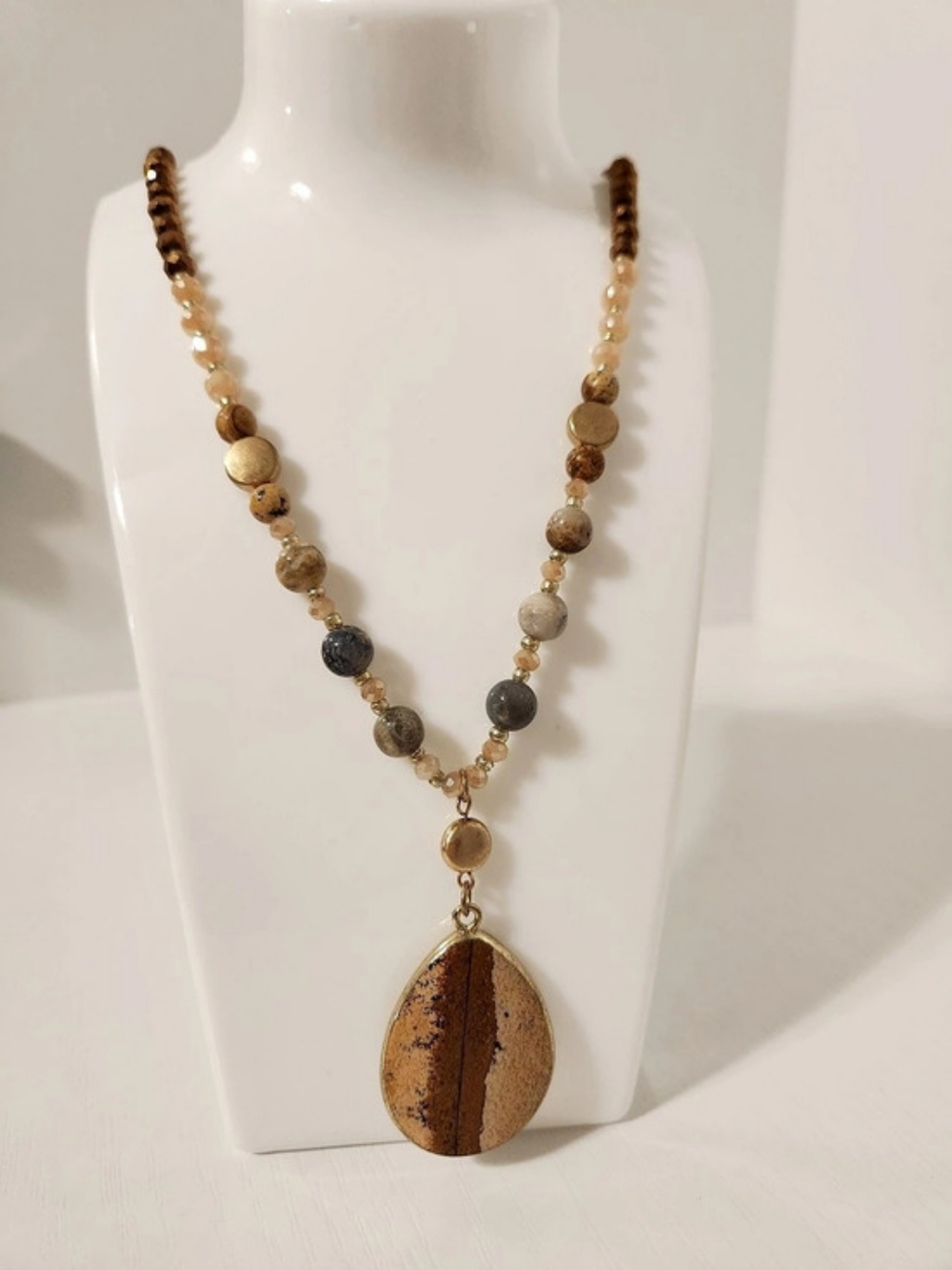 Natural Jasper Brown & Gold Natural Stone Marble Pendant Necklace